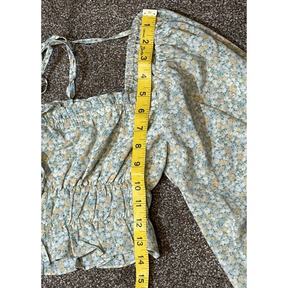 Mable Anthropologie Women FLORAL PUFF SLEEVE Crop Top Medium Size Stretch Green - Picture 9 of 11